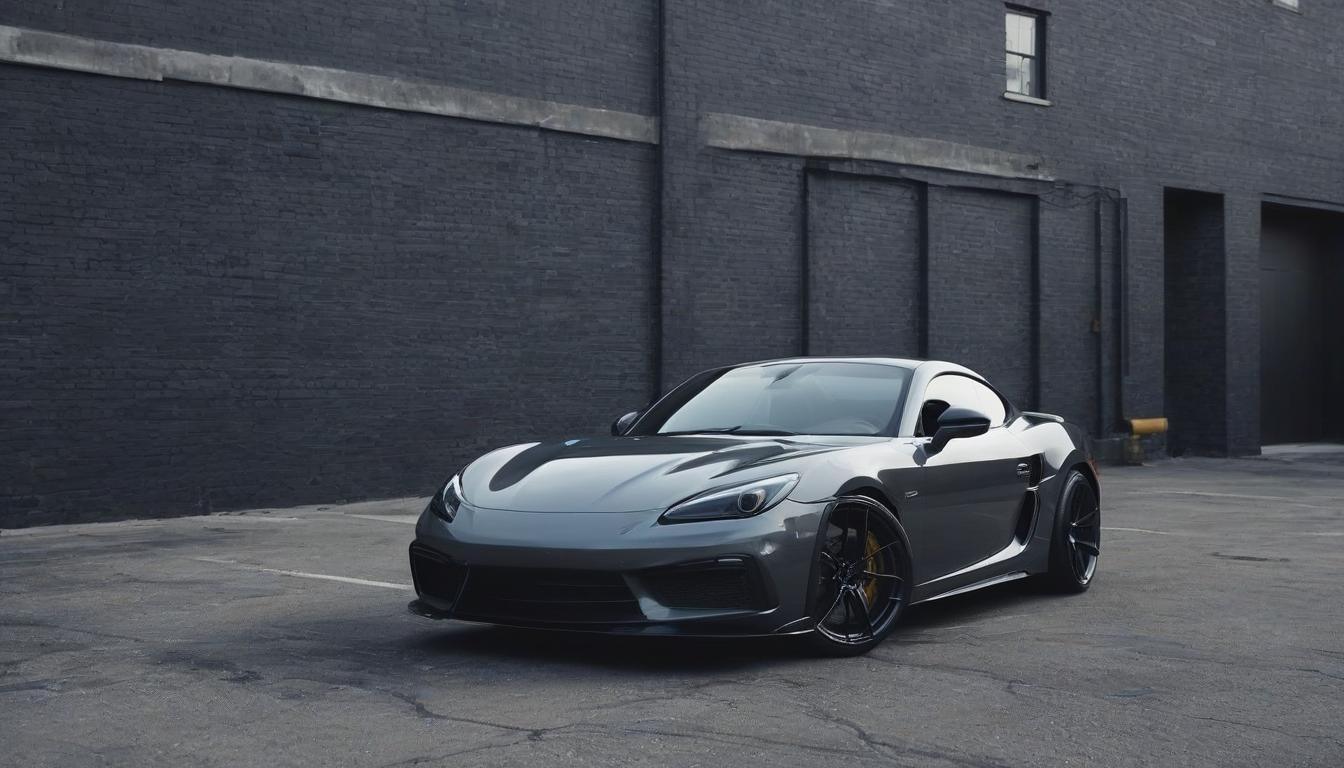  sports car on the parking lot stands against the background of a black brick building, black and gray style