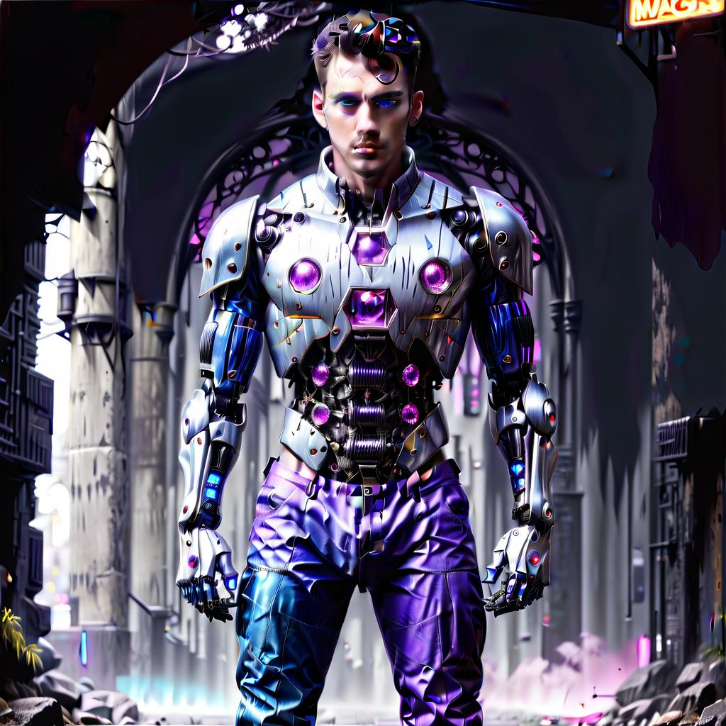  macabre style full length photo, gray robot man, blue shorts, white shirt, bright purple crystals on the back. . dark, gothic, grim, haunting, highly detailed, perfecteyes, hkmagic, glowneon, civitai