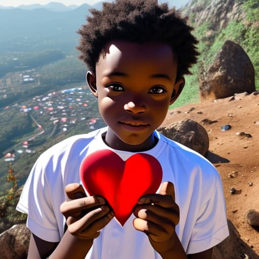  Fair Ghanaian boy holding a heart in his hands on a mountain