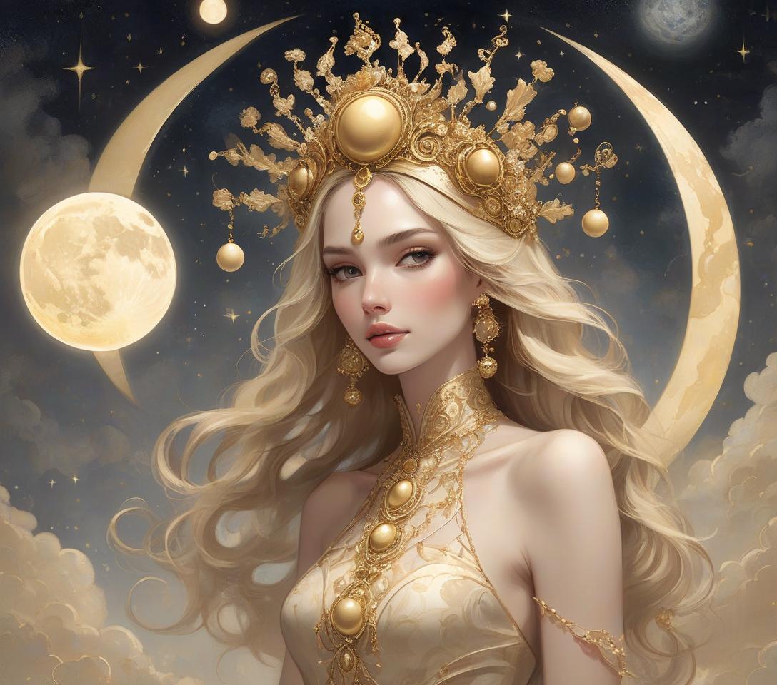  an elegant woman adorned with a sophisticated headpiece featuring gold orbs and swirling beige accents against a lunar backdrop. photo mage, searching for non obvious connections happiness is realized only after it has already happened, happiness is always in the past. happiness can only be remembered! in the style of dan quintana