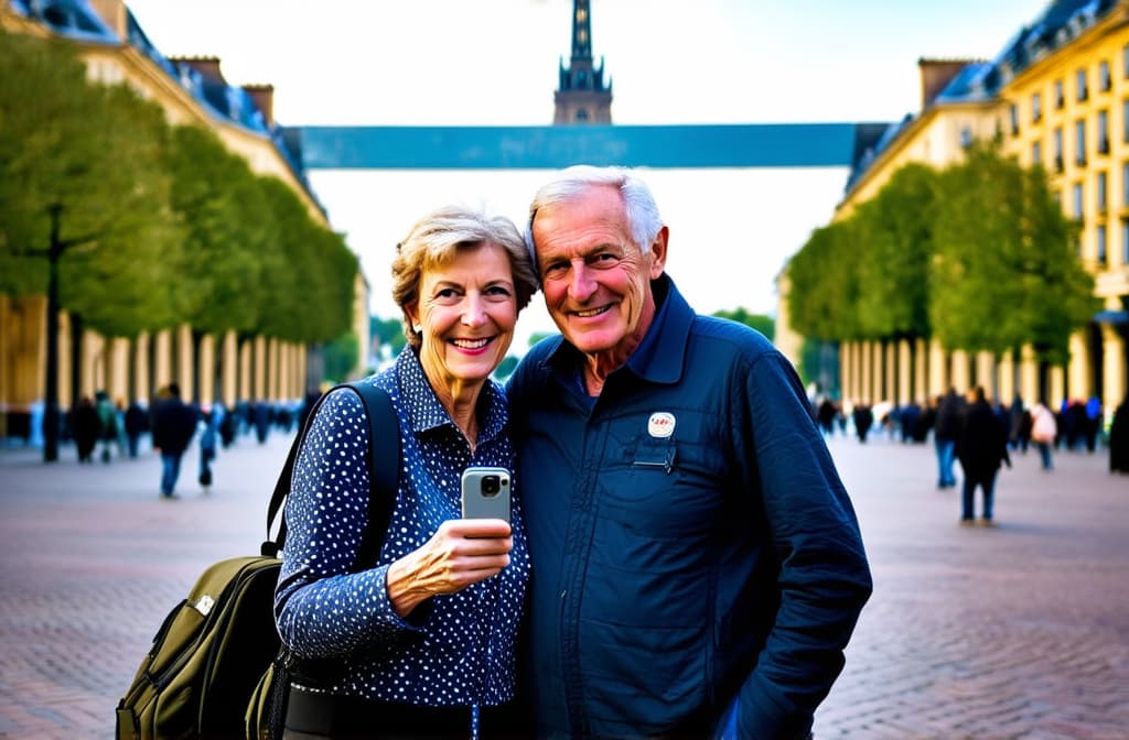  a senior couple exploring a european city, taking a selfie in front of a famous landmark, with backpacks ar 3:2, (natural skin texture), highly detailed face, depth of field, hyperrealism, soft light, muted colors