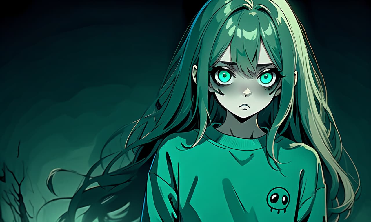  horror themed a girl in anime style with long hair stands in the dark dressed in a dark green sweatshirt and pants. the girl looks into the darkness with black lower eyelids under the eyes of turquoise color full of fear of the unknown and curiosity. she's holding her hand in front of her. . eerie, unsettling, dark, spooky, suspenseful, grim, highly detailed