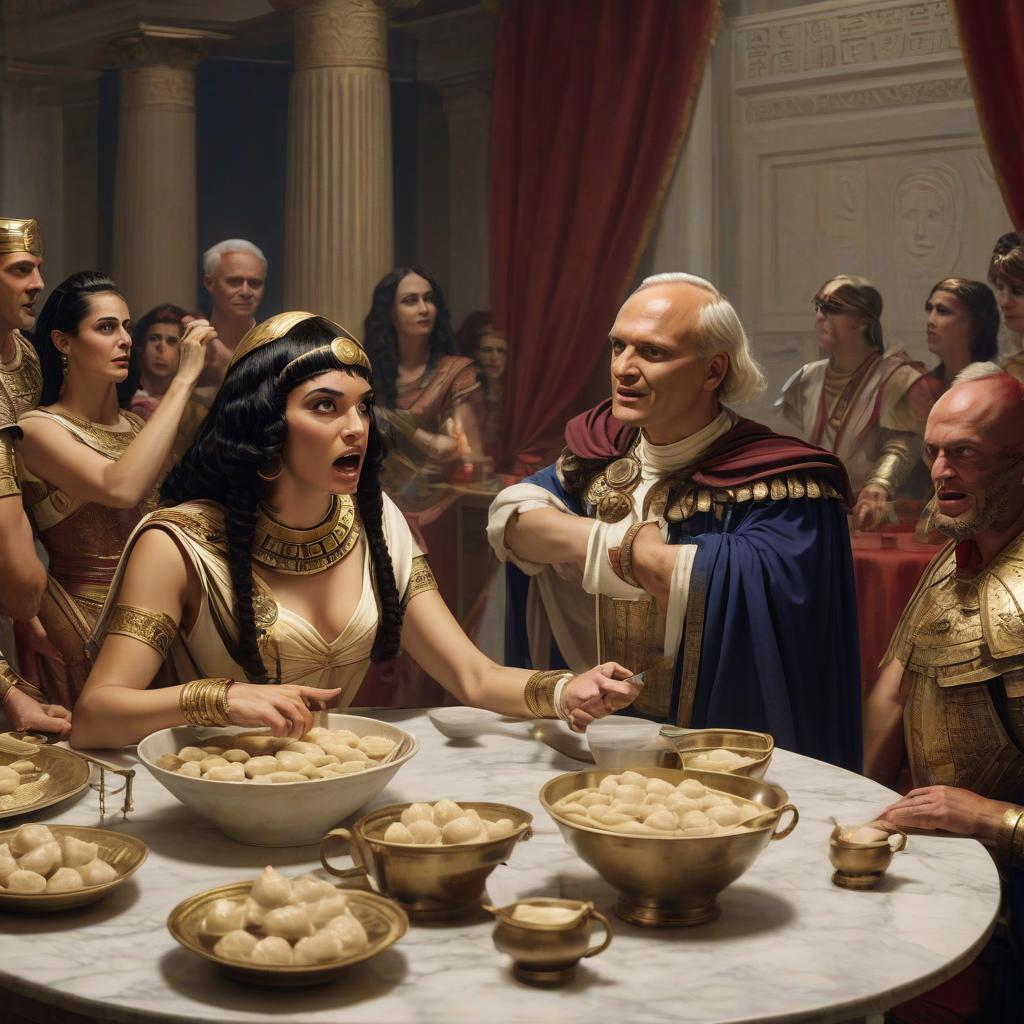  cicero shouts at cleopatra at the table. there are cups of dumplings on the table.