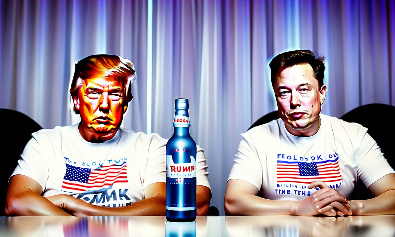  cinematic photo make an image where strictly two people are sitting: donald trump on the left and elon musk on the right. they drink vodka in the russian kitchen in alcoholic t shirts against the background of the logo of the social network elon musk “x”. make their faces real. . 35mm photograph, film, bokeh, professional, 4k, highly detailed