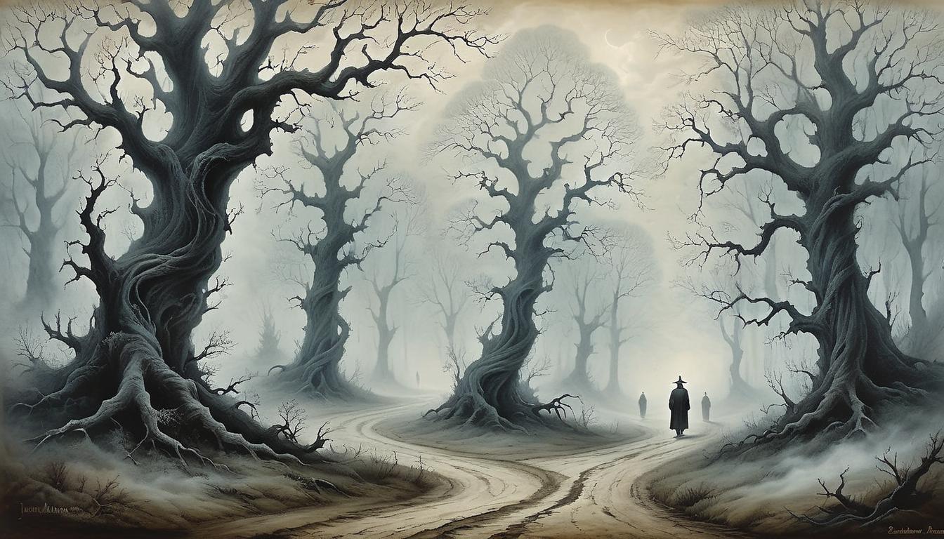  on parchment, surrealism+++, lonely path, dense fog, twisted trees, obscured figures, sense of alienation(mysterious, provocative, symbolic,muted color)+++