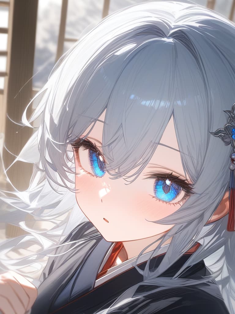  girls with gray hair, light blue eyes, japanese style, silver and blue hairpins, pale soul, cute, masterpiece, best quality,8k,ultra detailed,high resolution,an extremely delicate and beautiful,hyper detail