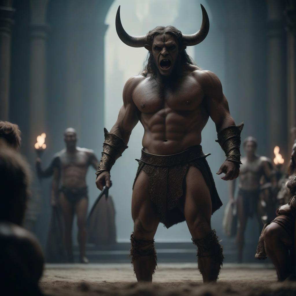  cinematic film still renaissance, gothic, fantasy: minotaur. . shallow depth of field, vignette, highly detailed, high budget, bokeh, cinemascope, moody, epic, gorgeous, film grain, grainy