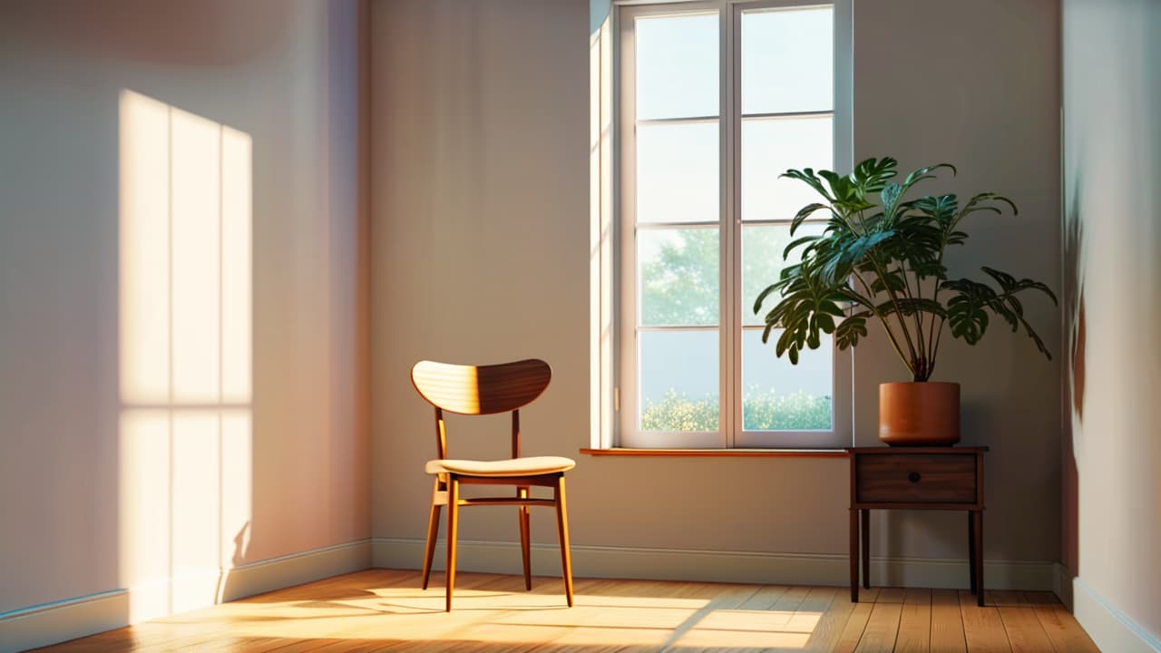  a serene, uncluttered room featuring a single wooden chair, a small potted plant, and a bare wall. soft natural light filters through a window, casting gentle shadows on the minimalist decor. hyperrealistic, full body, detailed clothing, highly detailed, cinematic lighting, stunningly beautiful, intricate, sharp focus, f/1. 8, 85mm, (centered image composition), (professionally color graded), ((bright soft diffused light)), volumetric fog, trending on instagram, trending on tumblr, HDR 4K, 8K