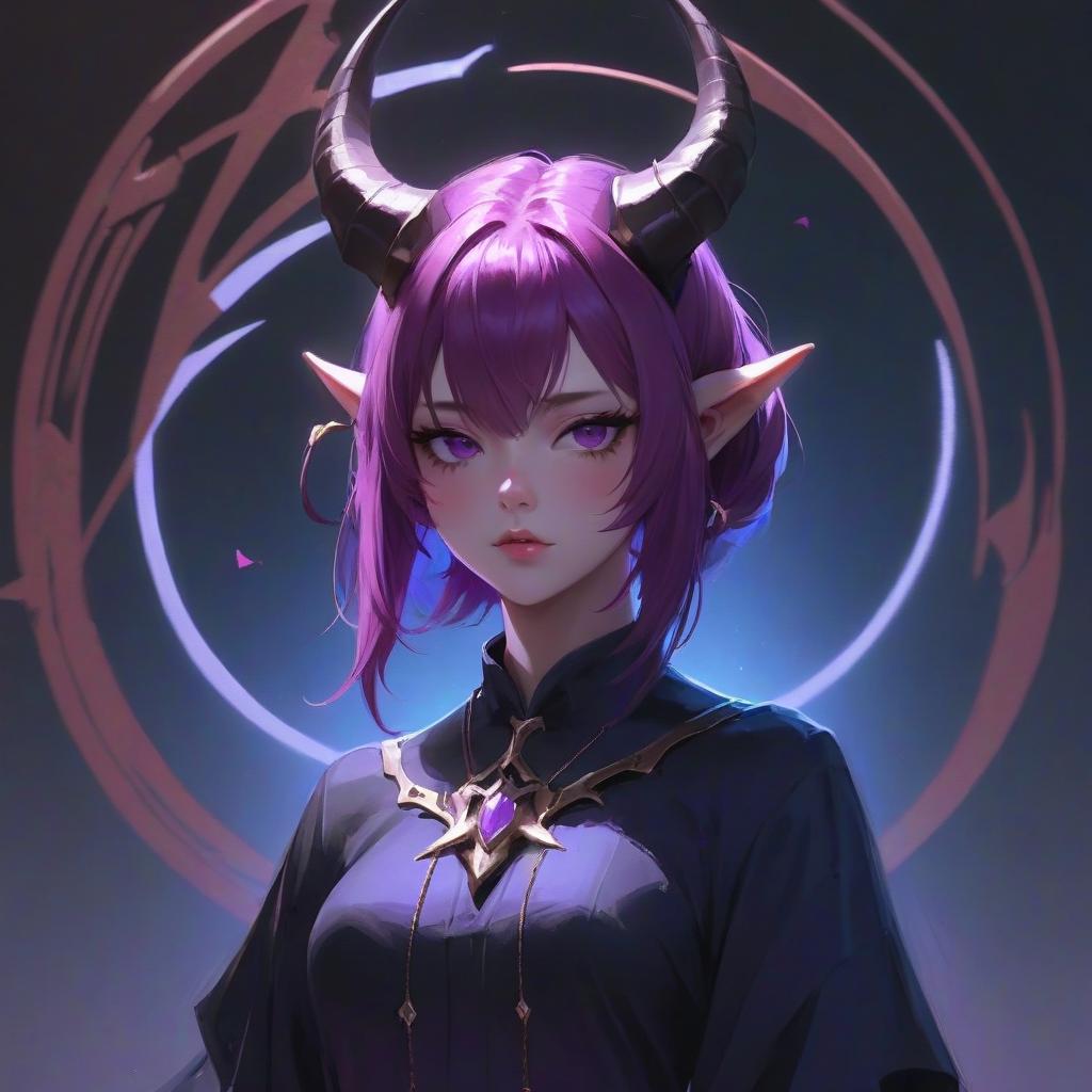  a woman with purple hair and horns on her head, a character portrait, by yang j, fantasy art, high definition anime art, yanjun chengt, noire, artwork in the style of guweiz