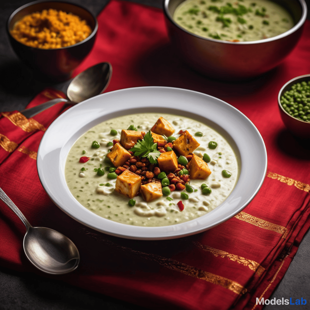  a high quality image of a delicious indian dish, such as matar paneer or kheer, with a blurred background and a red tablecloth in the foreground. the image should be warm and inviting, with a subtle hint of spices and aromas. in the top left corner, a small image of a chef's hat and a spoon should be visible, with the text 'chef's special menu' written in a elegant, cursive font. hyperrealistic, full body, detailed clothing, highly detailed, cinematic lighting, stunningly beautiful, intricate, sharp focus, f/1. 8, 85mm, (centered image composition), (professionally color graded), ((bright soft diffused light)), volumetric fog, trending on instagram, trending on tumblr, hdr 4k, 8k hyperrealistic, full body, detailed clothing, highly detailed hyperrealistic, full body, detailed clothing, highly detailed, cinematic lighting, stunningly beautiful, intricate, sharp focus, f/1. 8, 85mm, (centered image composition), (professionally color graded), ((bright soft diffused light)), volumetric fog, trending on instagram, trending on tumblr, HDR 4K, 8K