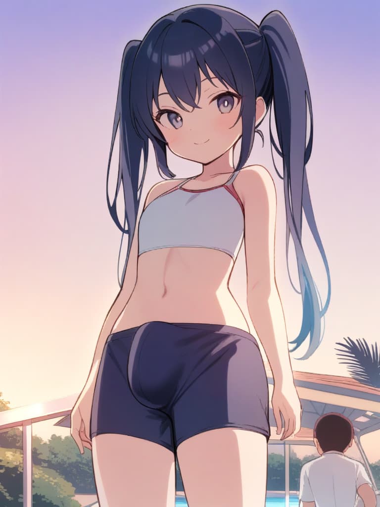  women's elementary students (male), twin tails, cute smiles, (rich s), low stature, dark blue swimwear, old swimwear, , simple (upward), male , (bulge), shaped clear , front , whole body, pool side,