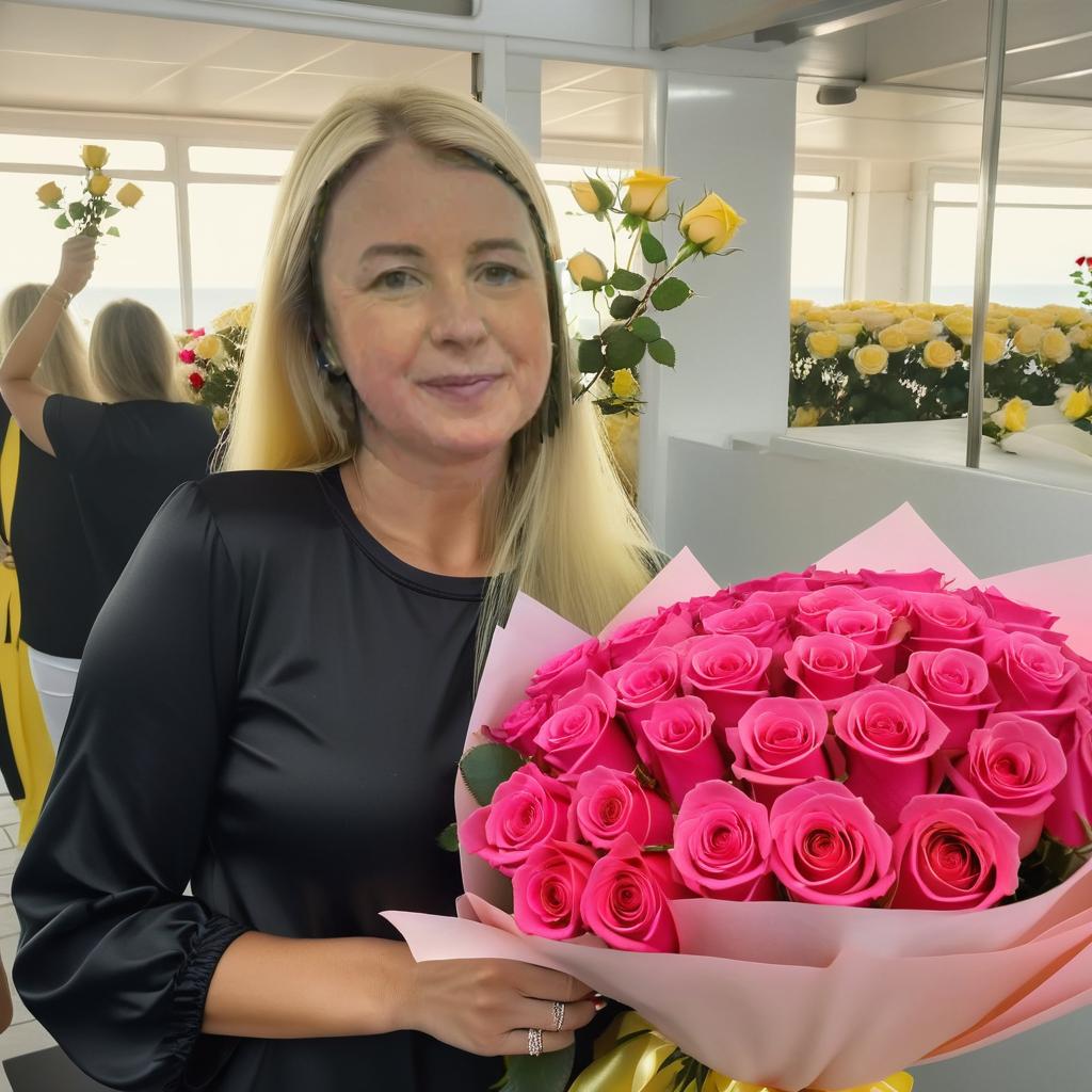  (very long fair hair), blondy hair, dressed in (closed yellow women's top), maximum detail, maximum quality, bouquet of roses in hands, (in the background is the sea and white sea sand)