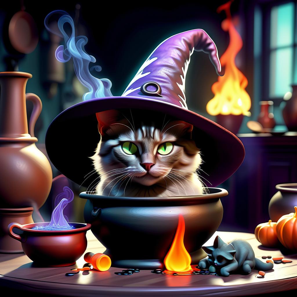  hdr photo of cats a witch's hat on a table with a pot full of boiling potion . high dynamic range, vivid, rich details, clear shadows and highlights, realistic, intense, enhanced contrast, highly detailed, hkmagic, glowneon