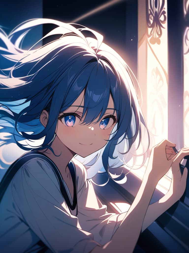  a beautiful blue haired girl,smile,long messy hair,ultra detailed,best shadow,beautiful detailed deep rainbow eyes,cute and beautiful face,shy smile,white shirt,upper body view,colorful,(masterpiece:1.2),(best quality:1.2),detailed background,high contrast,(best illumination,an extremely delicate and beautiful),((cinematic light)),hyper detail,dramatic light,intricate details,8k,anime,very aesthetic