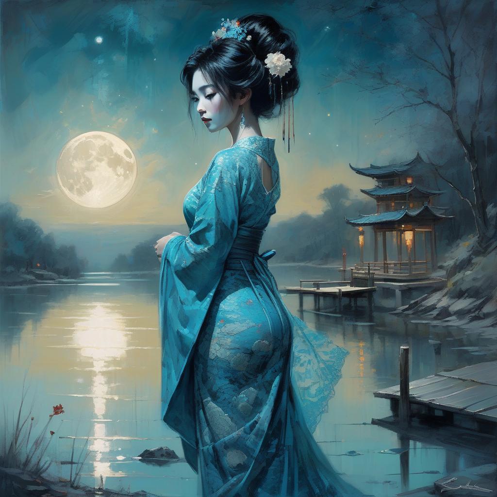  beautiful geisha in a blue turquoise and intricate motifs lace dress watching the fullmoon night starry sky by the lake, dark hair, dark fantasy, intricate details, hyper detailed, jean baptiste monge, carne griffiths, michael garmash, seb mckinnon, masterpiece, sunshine