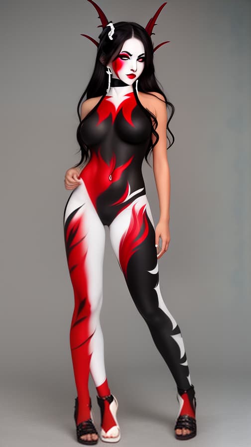  Full body red and Black flame pattern body paint, White body paint on the whole body, White face paint on the face, Dark elf 女性