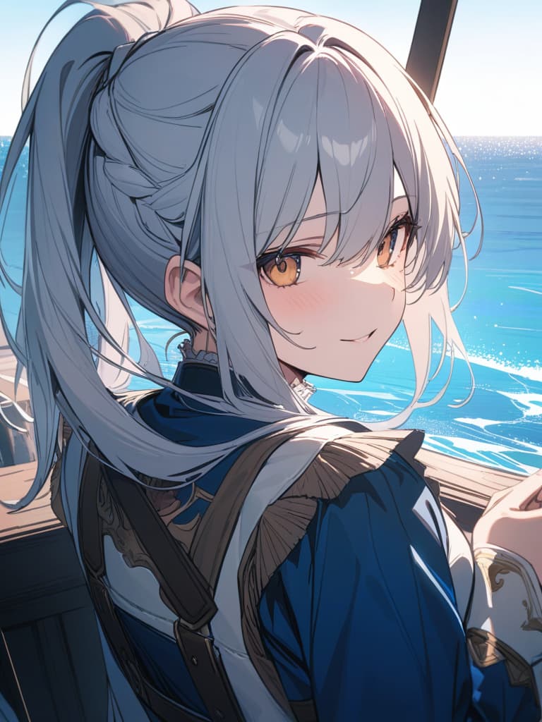  captain, silver hair, ponytail, sea, pirate, masterpiece, best quality,8k,ultra detailed,high resolution,an extremely delicate and beautiful,hyper detail