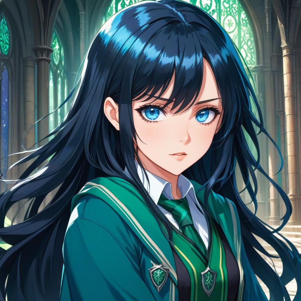  anime artwork girl, long black hair, blue eyes, slytherin shape . anime style, key visual, vibrant, studio anime, highly detailed