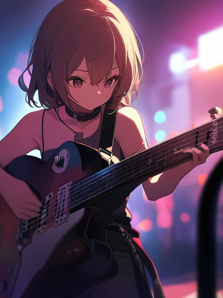  (girl){rock band,playing (((playing electric guitar:1.8))) close up,live music venue (background blur effect)}super detail,high resolution,absurd,employed,