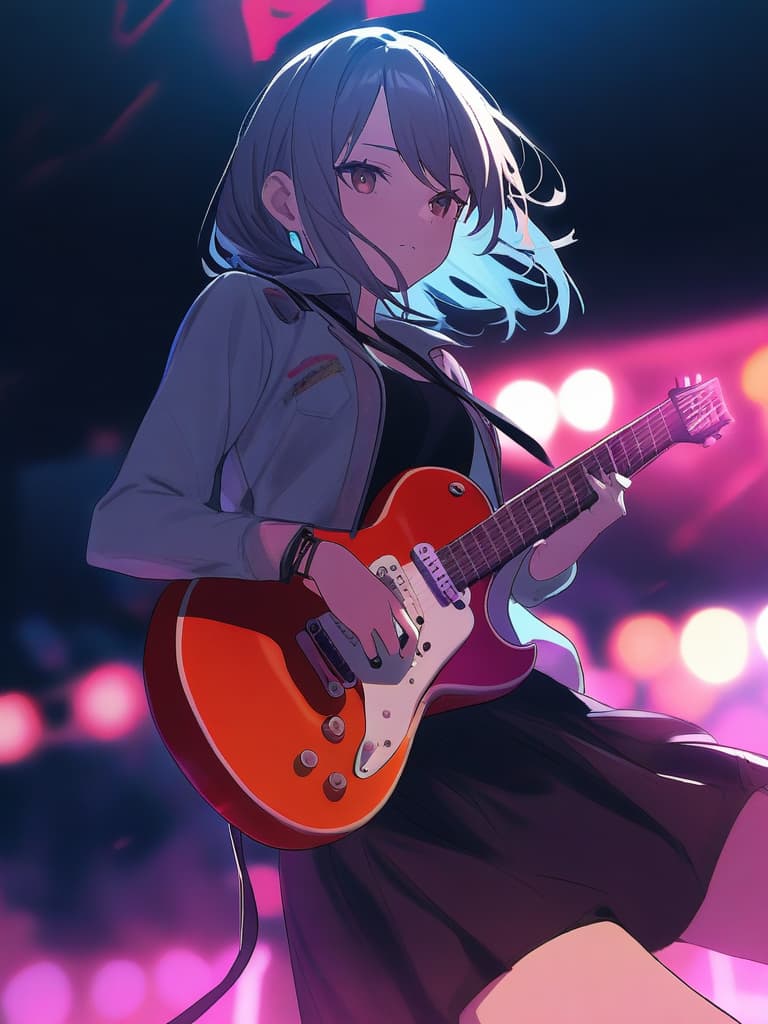  (girl){rock band,playing (((playing electric guitar:1.8))) close up,live music venue (background blur effect)}super detail,high resolution,absurd,employed,