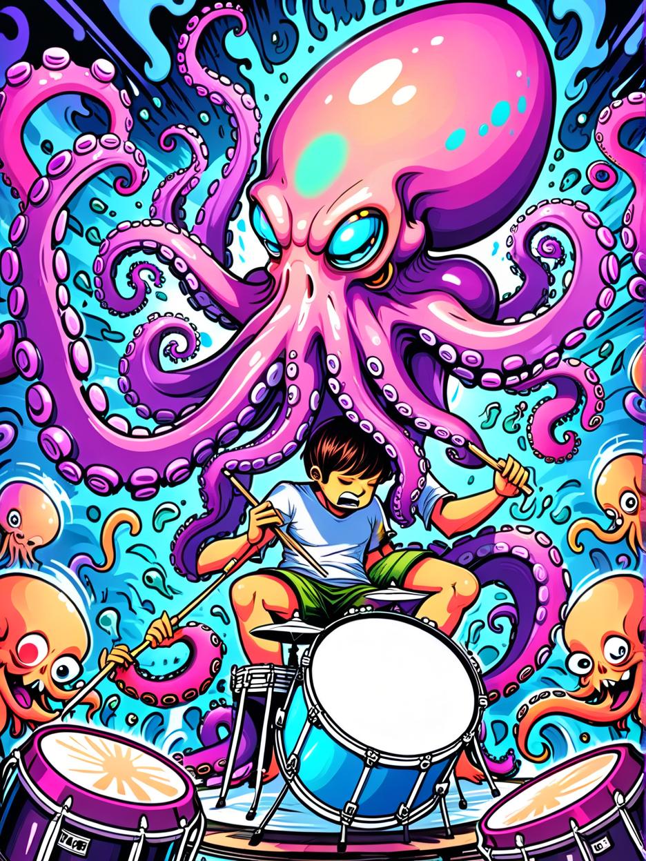  manga artwork psychedelic octopus playing drums, melting, trippy, trick of the eye painting. manga artist. manga, highly emotional. best quality, high resolution