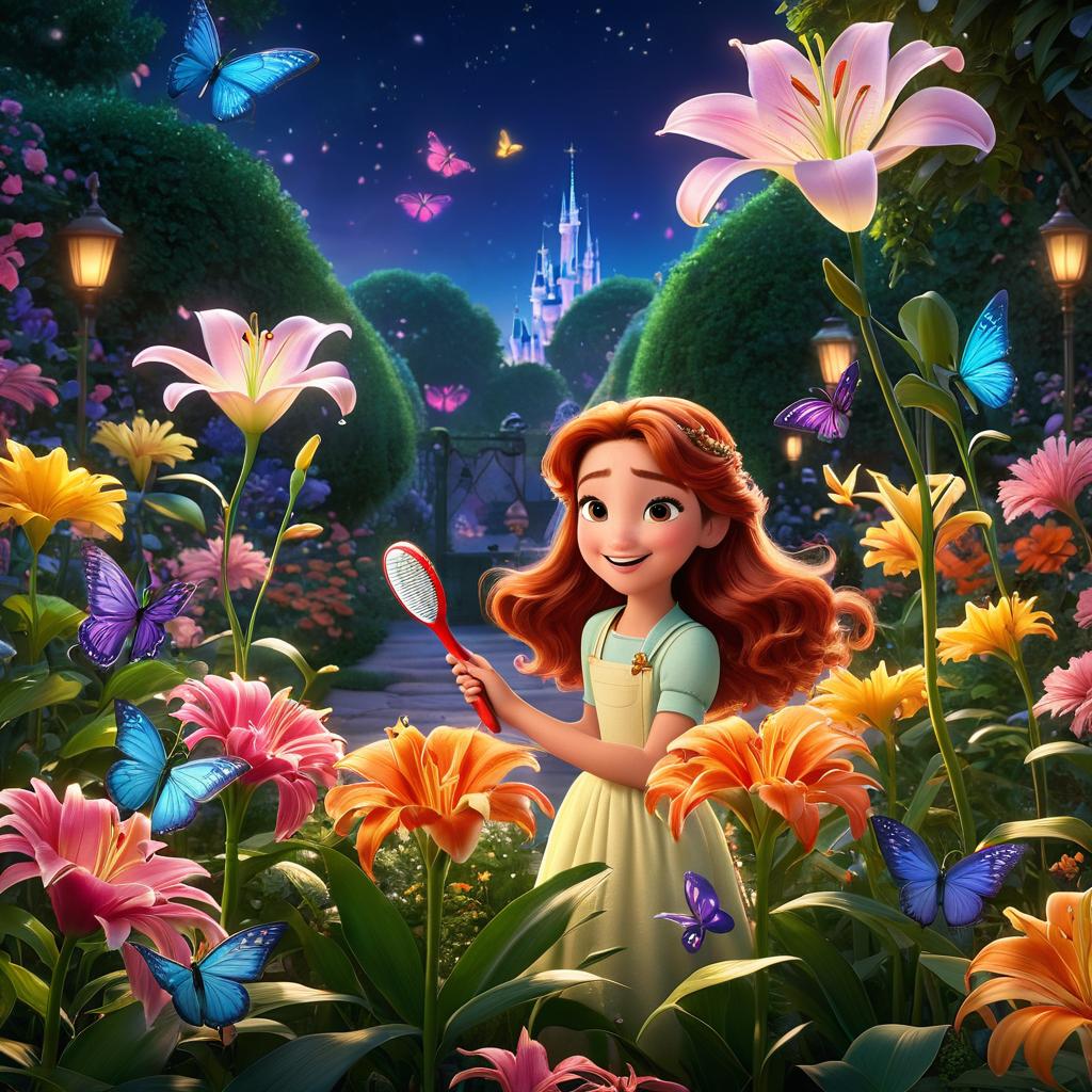  in 3d animated movie style. disney pixar style. lily, , a joyful and imaginative with magical hair changing colors. magical hairbrush, an enigmatic character. whimsical garden with talking flowers and erflies. high resolution pixar 3d animation style. vint colors for the garden, warm lights for a dreamy atmosphere. dynamic composition focusing on lily's interactions.