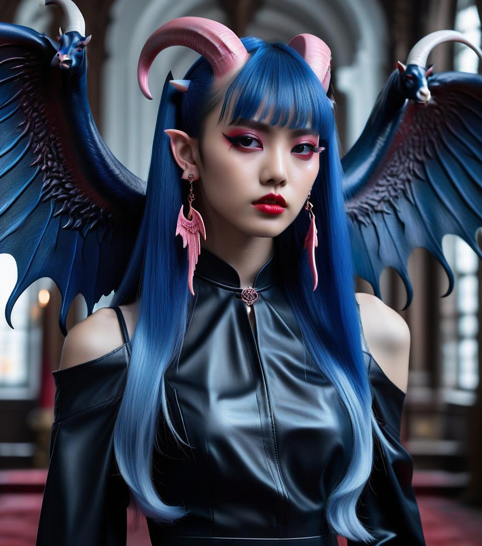  macabre style glossy leather full blue skin, girl blue tiefling, korean girl, pink long hair, smooth bangs, standing, wings on the back, white horns goat on her head, perfect skin,small face, a 's face, model face, delicate facial features, red iris, club red dress, gothic tattoos , ears earrings, slender legs, short , show with full length legs,room ,8k, masterpiece, real cartoon, lora dreamshaper, extreme detailed . dark, gothic, grim, haunting, highly detailed