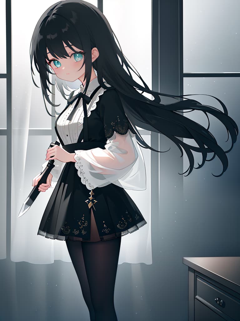  murderer girl, black hair long hair girl with knife, masterpiece, best quality,8k,ultra detailed,high resolution,an extremely delicate and beautiful,hyper detail hyperrealistic, full body, detailed clothing, highly detailed, cinematic lighting, stunningly beautiful, intricate, sharp focus, f/1. 8, 85mm, (centered image composition), (professionally color graded), ((bright soft diffused light)), volumetric fog, trending on instagram, trending on tumblr, HDR 4K, 8K