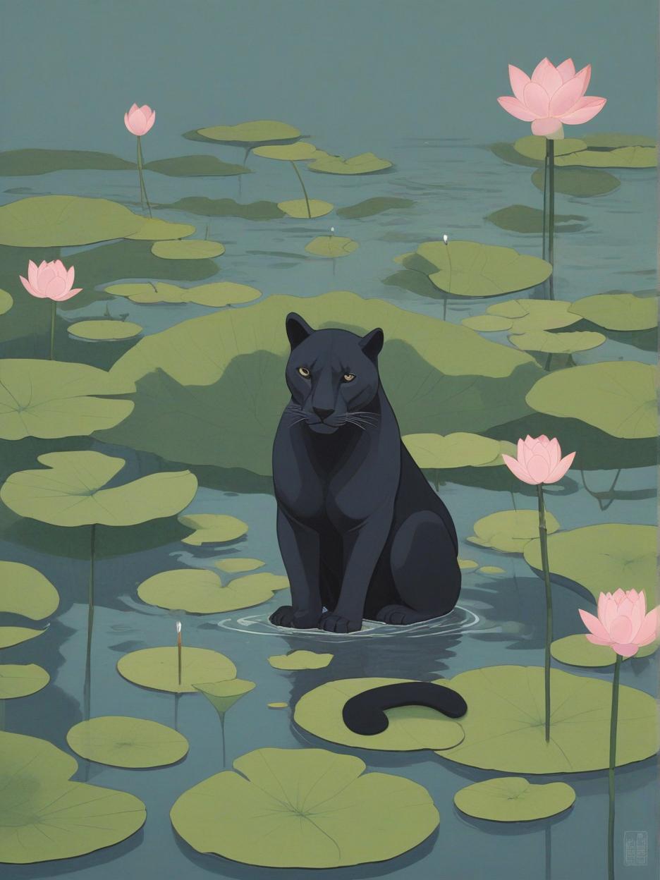  minimalism, panther in a lotus pond illustration, abstract, simple geometic shapes, hard edges, sleek contours, minimalism