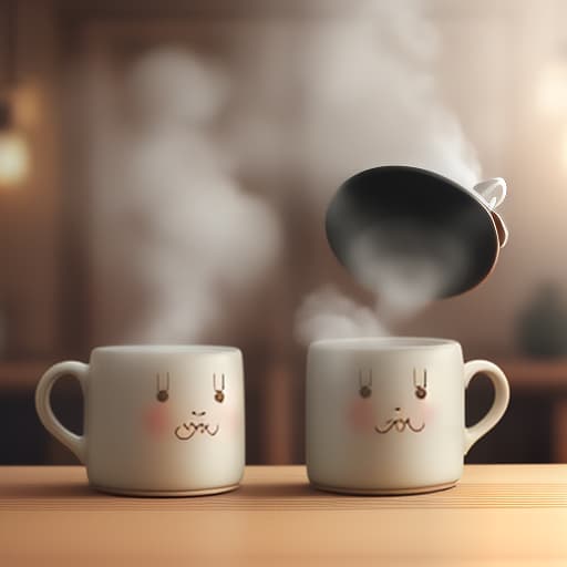  2 cute mugs stand on the table, close frame, steam comes from the mugs, the background is blurred, a cozy atmosphere