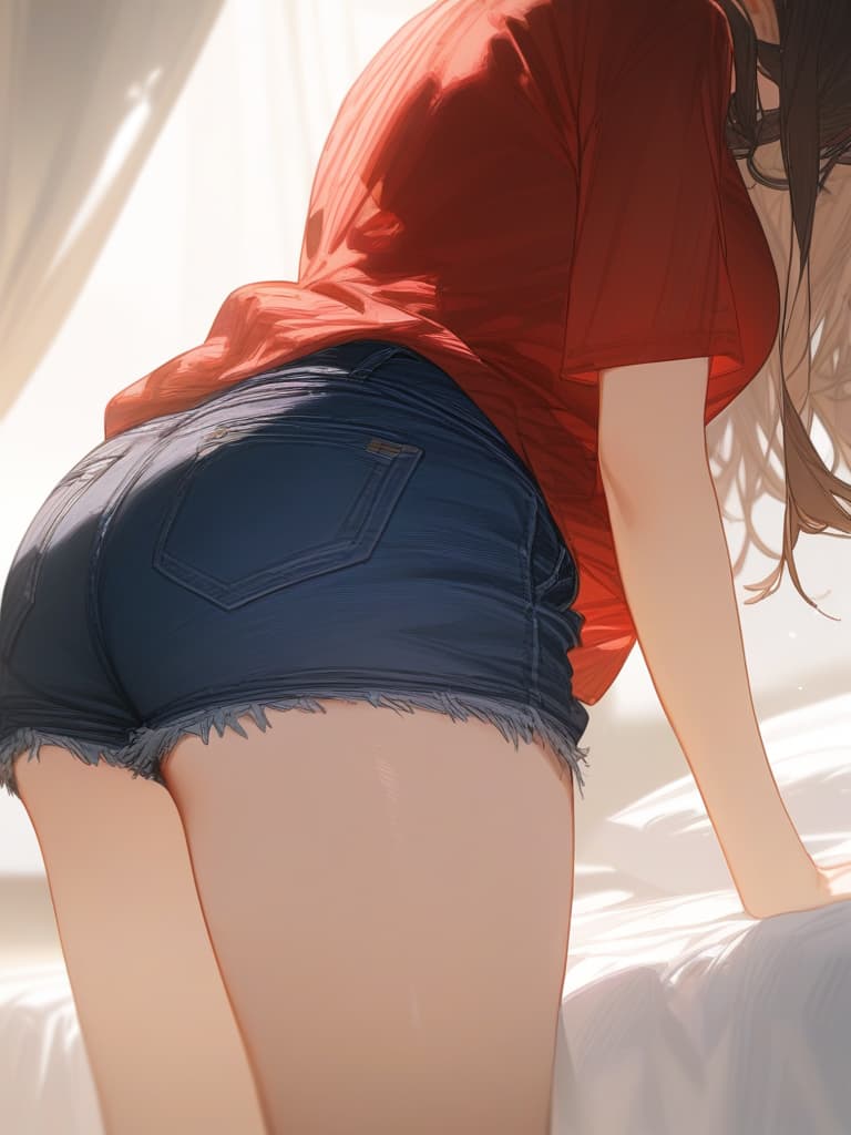  sleep in brown hair girl, smile, red t shirt, denim shorts, bed,, masterpiece, best quality,8k,ultra detailed,high resolution,an extremely delicate and beautiful,hyper detail