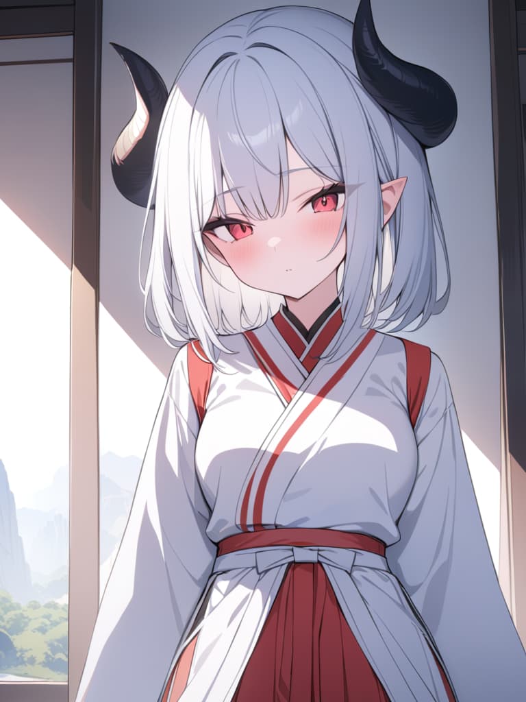  there are horns, girls, sharp ears, hakama, hanging, short hair, white hair, dragon's daughter, red and white hakama, red eyes, black horns, masterpiece, best quality,8k,ultra detailed,high resolution,an extremely delicate and beautiful,hyper detail