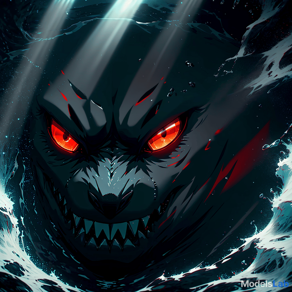  a realistic 8k portrait of a terrifying shark deep in the ocean at night, with its mouth wide open. the shark's eyes and mouth emit an intense red light, illuminating the surrounding dark water. the ocean is dimly lit with deep blue and black tones, creating a menacing atmosphere. the red glow casts shadows around the shark, highlighting its sharp teeth and adding a supernatural, horror like effect. subtle light rays from above barely penetrate the murky water, adding to the eerie, otherworldly feel of the scene. hyperrealistic, full body, detailed clothing, highly detailed, cinematic lighting, stunningly beautiful, intricate, sharp focus, f/1. 8, 85mm, (centered image composition), (professionally color graded), ((bright soft diffused light)), volumetric fog, trending on instagram, trending on tumblr, HDR 4K, 8K