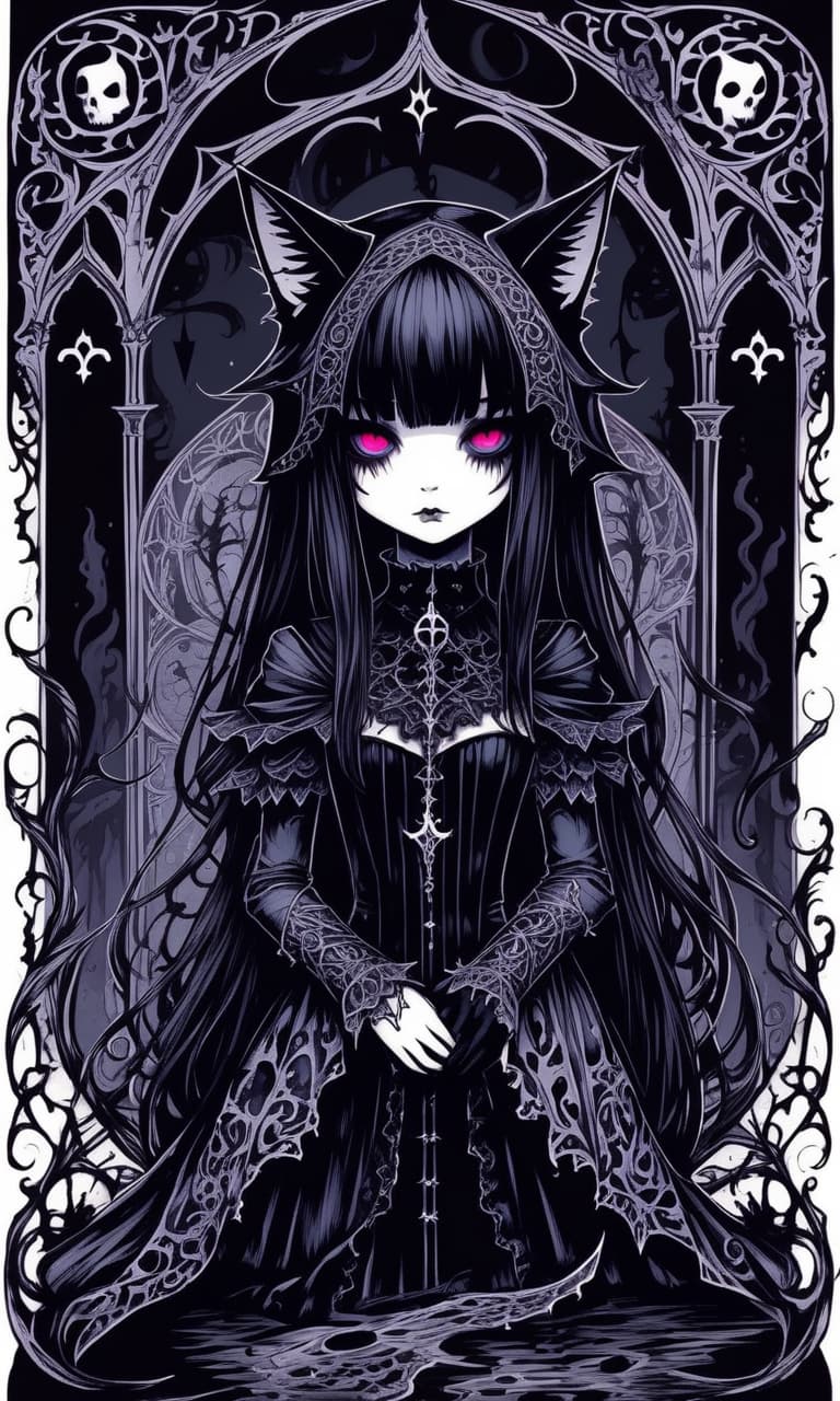  gothic style neko chan drawn in ink, . dark, mysterious, haunting, dramatic, ornate, detailed