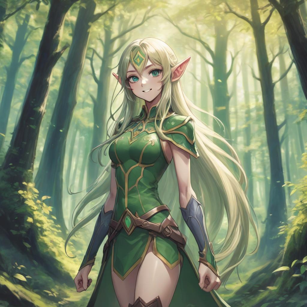  anime artwork anime style; tall elf; full height; long hair; visible muscles; in the hands of a hex; smiling; in the forest . anime style, key visual, vibrant, studio anime, highly detailed