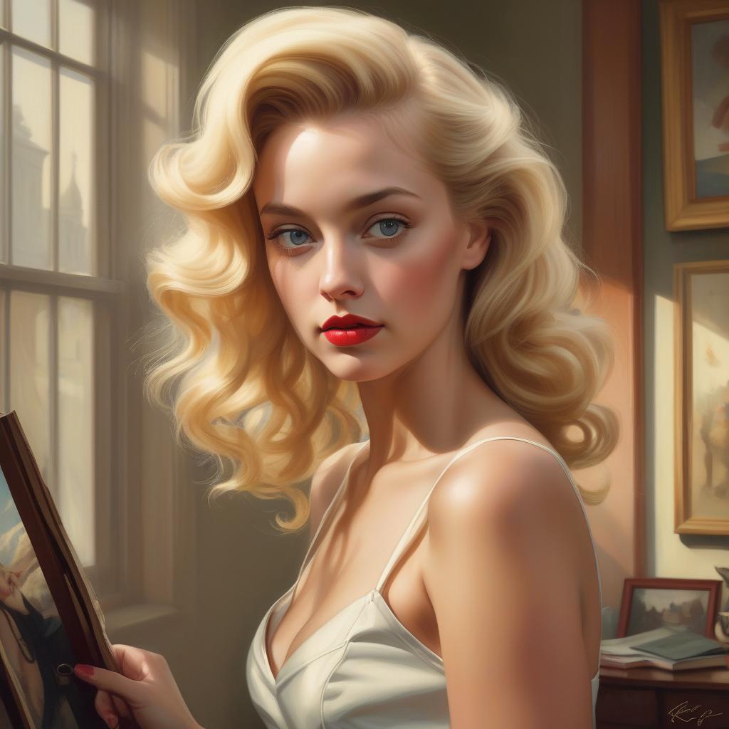  concept art a painting of a woman with blonde hair, portrait of a blonde woman, gil elvgren 50mm, photorealistic digital painting, cinematic realistic portrait, oil painting of realistic woman, by richard estes, award winning oil painting, a photorealistic painting, photo realistic painting, photorealistic oil painting, in stunning digital paint, digital art. photo realistic . digital artwork, illustrative, painterly, matte painting, highly detailed