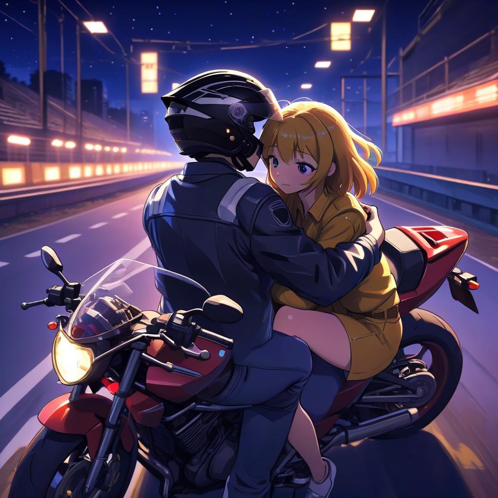  anime artwork at the wheel of the motorcycle sits a guy in a motorcycle helmet, and behind him sits a girl and hugs him, against the background of the night lights of an empty track, a picture in motion, the location of the couple's rice side, not face in the camera, the couple goes forward . anime style, key visual, vibrant, studio anime, highly detailed