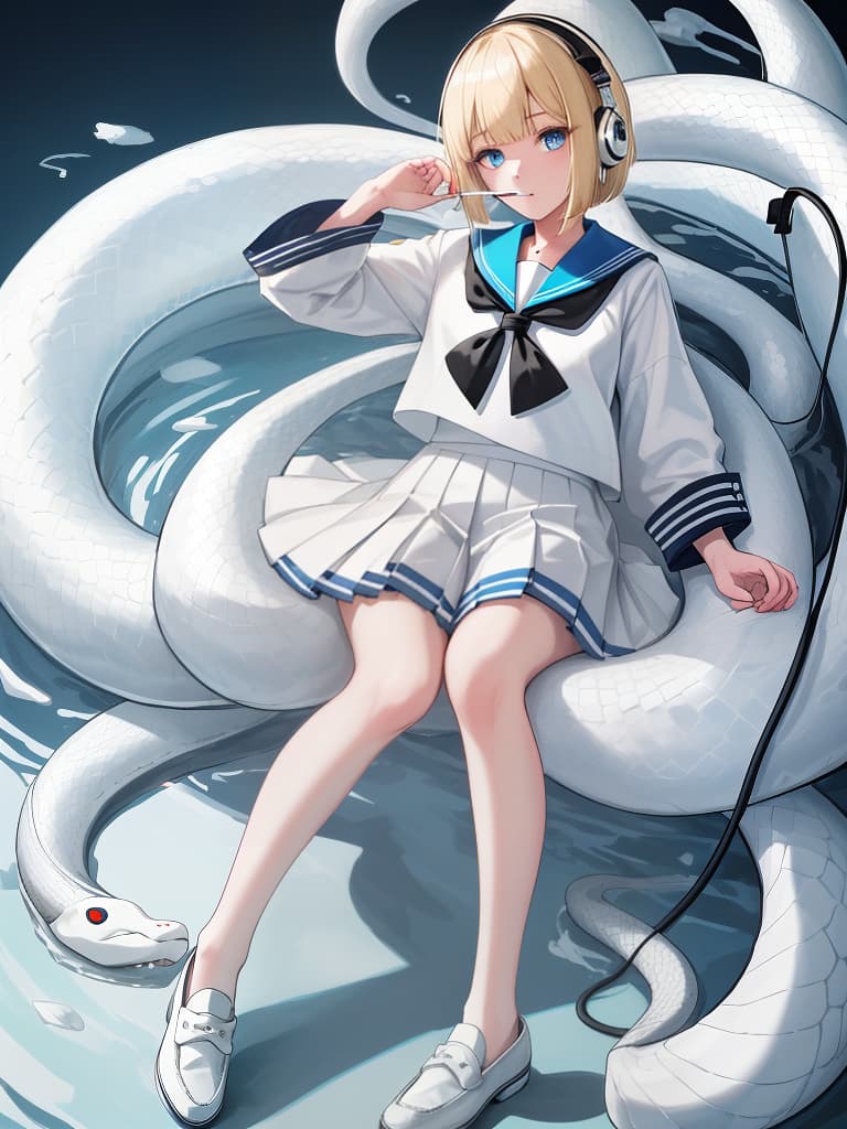  a who smokes a cigarette, a white sailor suit, a white pleated , a whole body, black loafers, blue eyes, blonde bob hair, summer sailor, snake tattoo on legs, one , white sailor suit headphones, 綣 綣 are visible, headphones, many hairpins on bangs, heart tattoo on the back of the hand, masterpiece, best quality,8k,ultra detailed,high resolution,an extremely delicate and beautiful,hyper detail