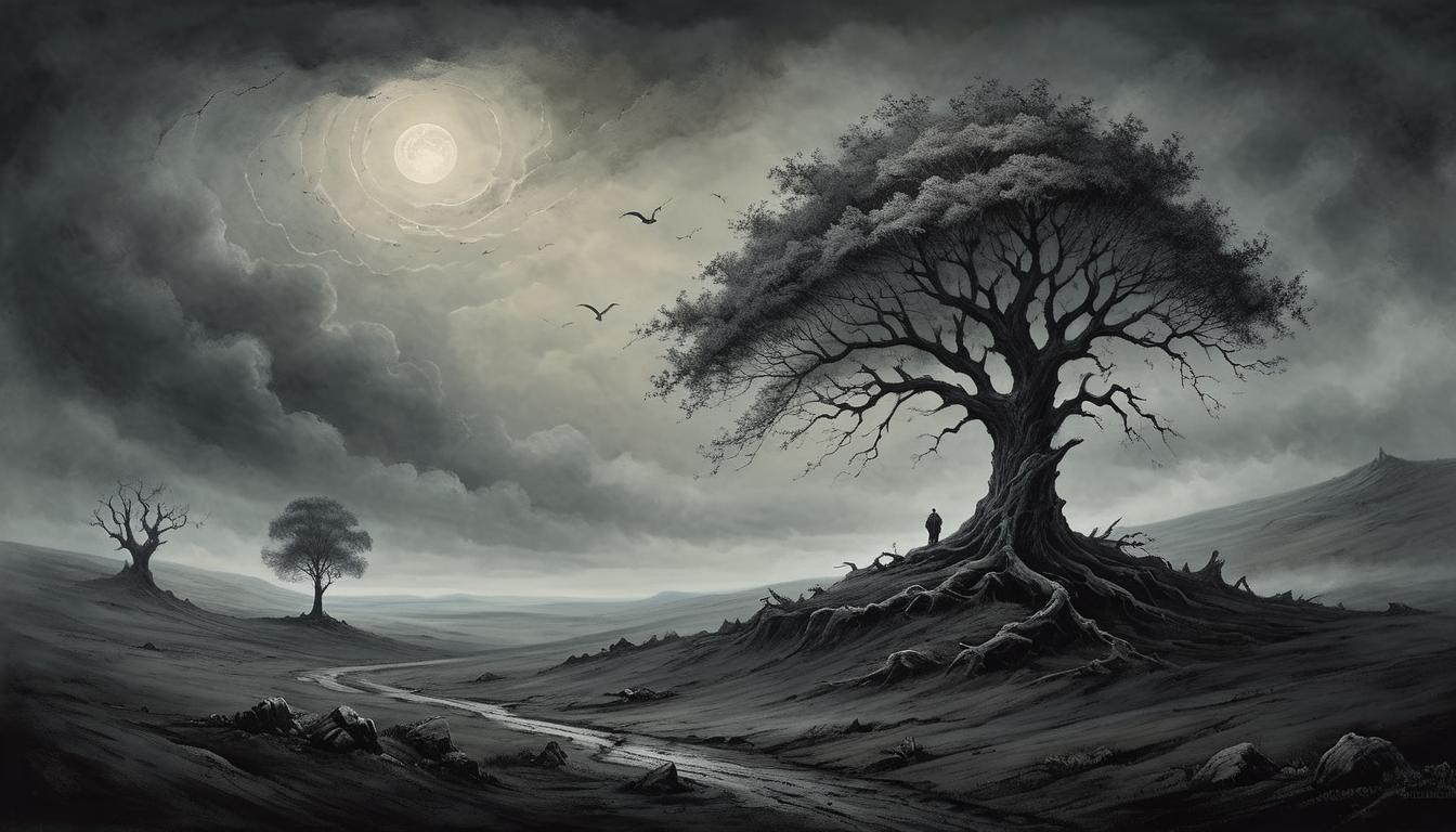  on parchment, surrealism+++, a solitary tree in an expansive, dark landscape, fighting against fierce winds, desolation, defiance(mysterious, provocative, symbolic,muted color)+++