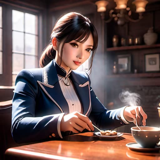  a woman in her 30s enjoying a cup of coffee at her dinner table. the image should be in photorealistic style; and it should look really realistic. hyperrealistic, full body, detailed clothing, highly detailed, cinematic lighting, stunningly beautiful, intricate, sharp focus, f/1. 8, 85mm, (centered image composition), (professionally color graded), ((bright soft diffused light)), volumetric fog, trending on instagram, trending on tumblr, HDR 4K, 8K