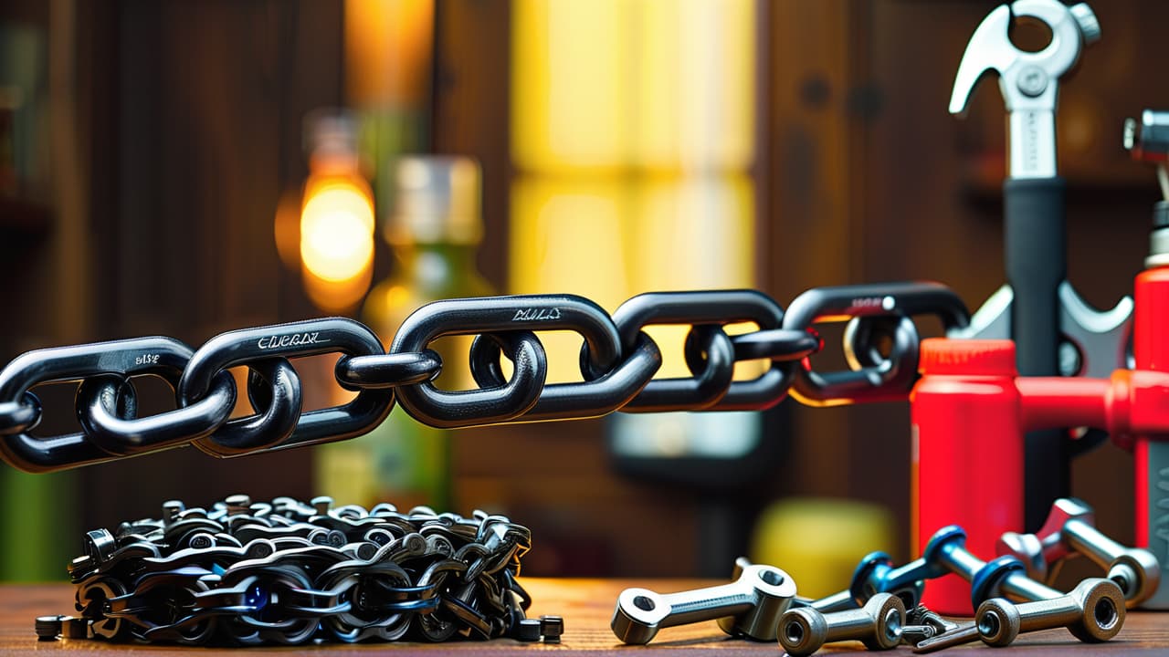  a close up of a gleaming bicycle chain, meticulously oiled, with a backdrop of bike tools: wrenches, brushes, and lubricant, all arranged on a wooden workbench, illuminated by soft, natural light. hyperrealistic, full body, detailed clothing, highly detailed, cinematic lighting, stunningly beautiful, intricate, sharp focus, f/1. 8, 85mm, (centered image composition), (professionally color graded), ((bright soft diffused light)), volumetric fog, trending on instagram, trending on tumblr, HDR 4K, 8K