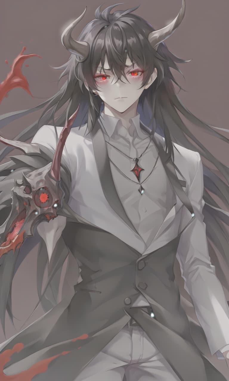  anime artwork man demon, white skin, blood red eyes, black hair, white horns, black clothes . anime style, key visual, vibrant, studio anime, highly detailed