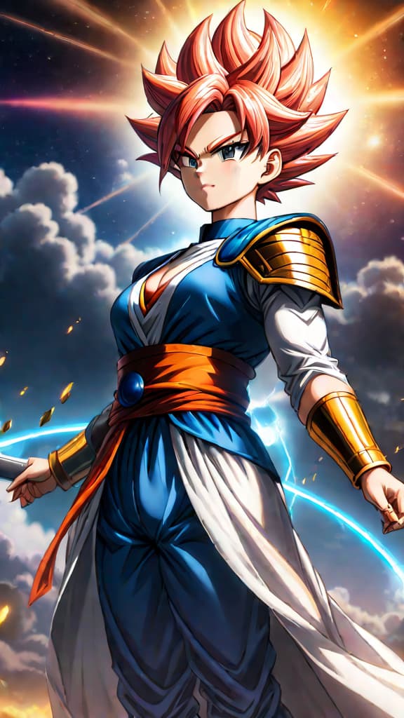  an anime image of 'divine ascendance,' a cosmic art mastered by elite warriors in dragon ball lore. hyperrealistic, full body, detailed clothing, highly detailed, cinematic lighting, stunningly beautiful, intricate, sharp focus, f/1. 8, 85mm, (centered image composition), (professionally color graded), ((bright soft diffused light)), volumetric fog, trending on instagram, trending on tumblr, HDR 4K, 8K