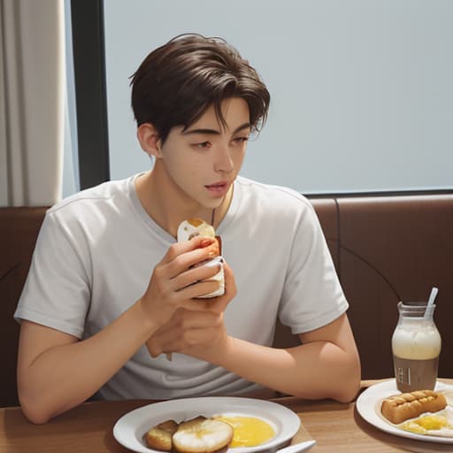  a boy is having breakfast, with whole wheat bread, yogurt, and bananas.