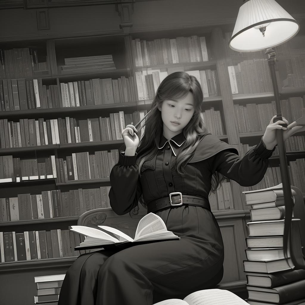  A college belle sitting on a library bench surrounded by towering bookshelves filled with ancient books and modern textbooks. The warm glow of a reading lamp illuminates her focused expression as she delves into her research. The atmosphere is warm and intellectual, with a hint of mystery. Style: Shin-Hai Makoto. Realization: High-contrast lighting creates dramatic shadows, and shallow depth of field emphasizes Belle's concentration.