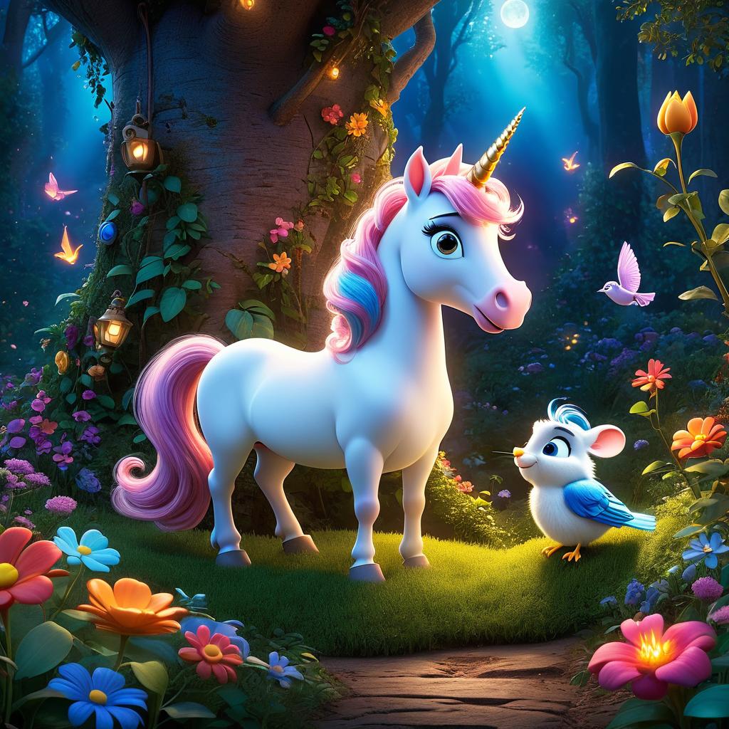  in 3d animated movie style. disney pixar style. fatima, luna the unicorn, captain bubbles, whiskers the mouse, mystical woods setting. characters on a quest for the enchanted flower. high resolution pixar 3d animated film style. soft glowing light, vibrant colors, warm feel. dynamic bird's eye view composition.