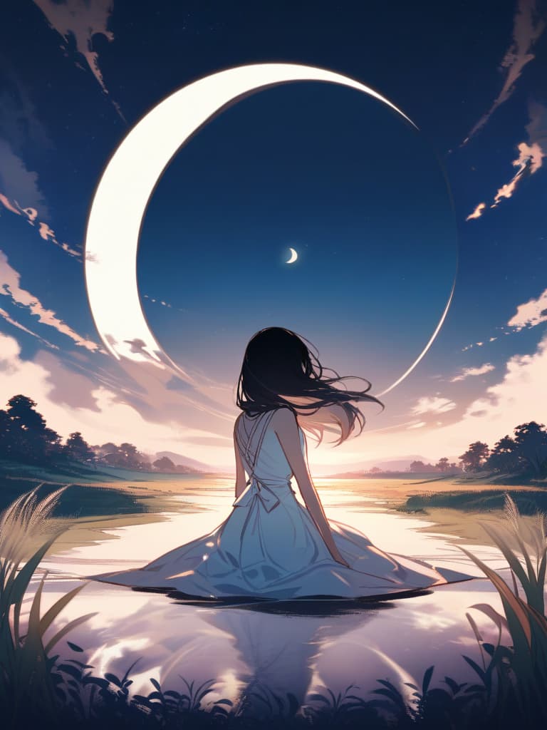  the sun is about the moon (art inspired by bill schenquevich). (monday), (monday), one moon, full moon, 🌕, (shadow reflected in the moon), ((one rabbit) ), ...), one woman, long hair, black hair, far away, (whole body), (whole body), ((far)), pampas grass, (pampas grass), pampas grass, sitting, back, white dress, simple one piece, ((white rabbit)), shadow reflected, the shadow is rabbit, fantastic, fantasy, wonderful, beautiful (night), landscape,