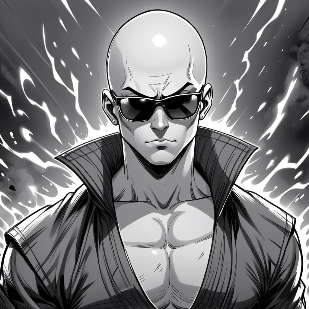  manga artwork a male young bald monk,he has johnny cage appearance,make him serious with some menacing aura around him,draw him manga style black and white during a impact frame,he wears sun glasses impact frames. manga artist. manga, highly emotional. best quality, high resolution