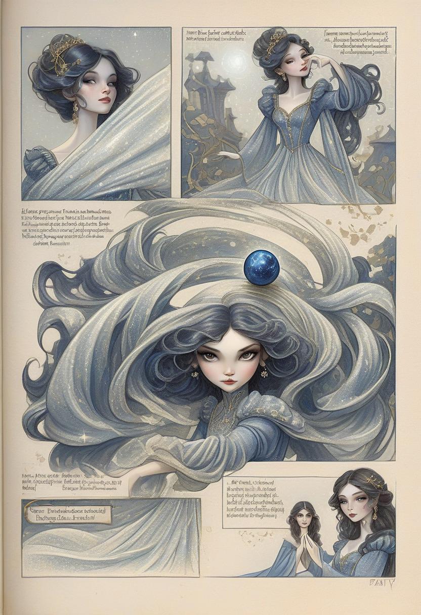  fairy tale enchantress in dark blue shimmering evening dress with airy long sleeves holding a small planet. her dark wavy hair is loose. photorealism. looking directly into the camera. . magical, fantastical, enchanting, storybook style, highly detailed, hkmagic, perfect hands