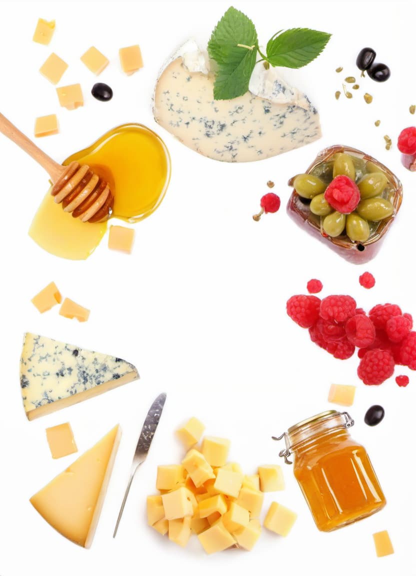  a beautiful composition of several types of cheese on a light background, as well as honey and raspberry jam, several raspberries and olives are depicted, film photography style